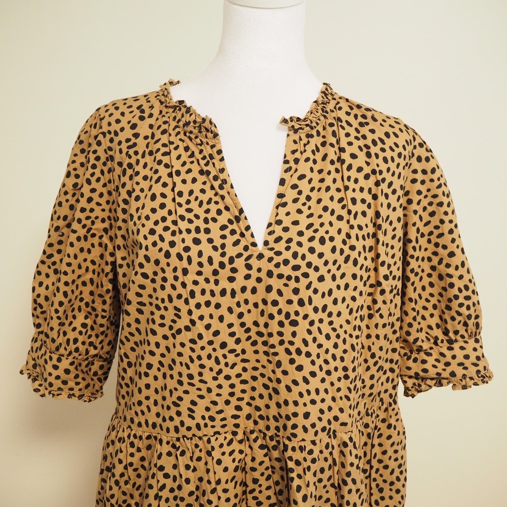 J.Crew Tiered Ruffle Neck Popover Mini Dress Medium‎ Leopard Polka Dot Cotton